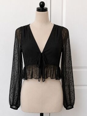 Sheer Black Swiss Dot Tie-Front Blouse